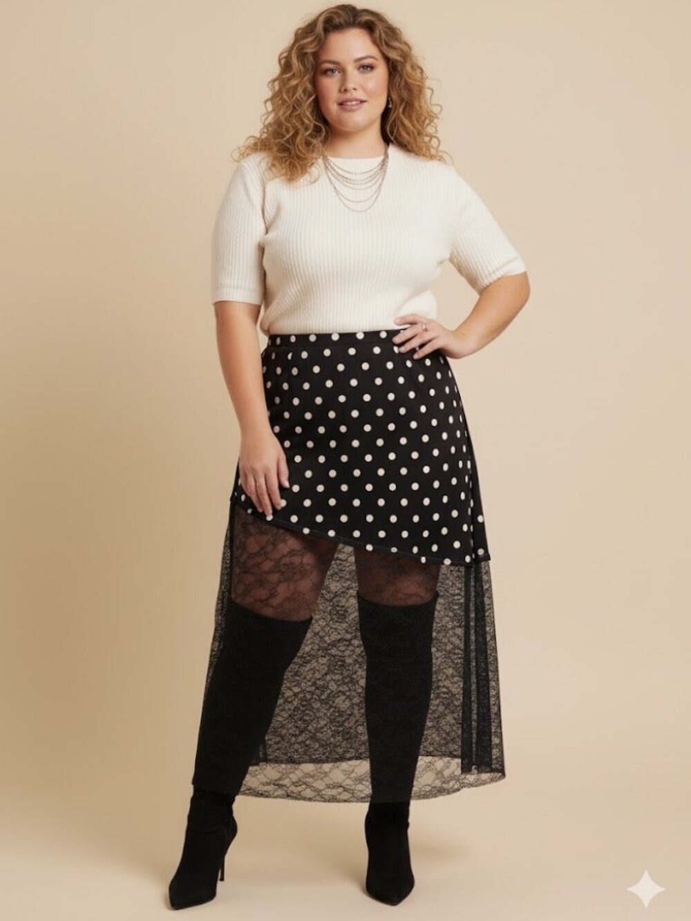 Made in Italy Viscose Asymmetric Black Polka Dots & Lace Maxi Skirt Plus